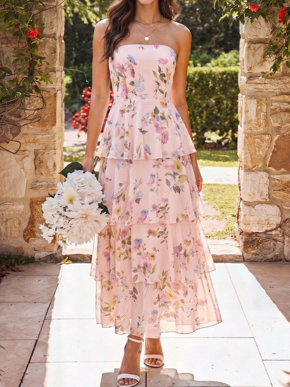 Dusty Pink Boho Floral Women's Strapless Chiffon Dress - Picture 2 of 10